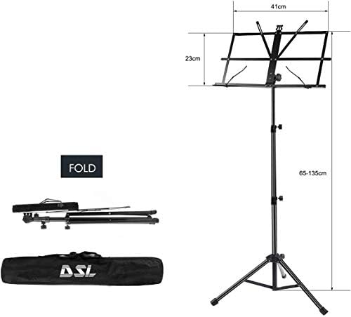 DSL Sheet Music Book Stand with Carrying Bag, Sturdy Portable Folding Metal Stand, Heights Adjustable, Black