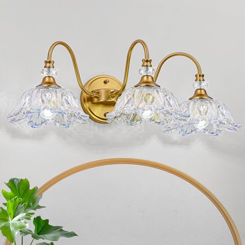 Image of Vintage Bathroom Vanity Light, 3-Light Matte Brass Finish Vanity Light with Flower-Shaped Rainbow Glass Shades, Retro Wall Sconce for Bathroom