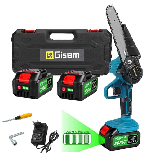 Mini tronçonneuse électrique de 6 pouces avec 2 batteries (10 x 1500 mAh), scie à batterie électrique, tronçonneuse chainsaw pour jardins, arbres, forêts de branches (bleu) Cover