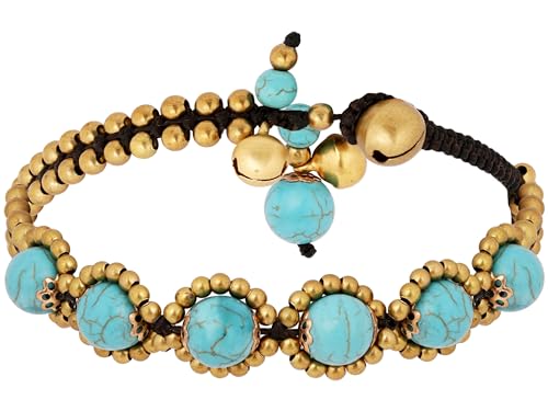 MINACHI Bohemian Flower Created Turquoise Bead and Brass Ankle Bracelet with Jingle Bell, Summer Jewelry for Women