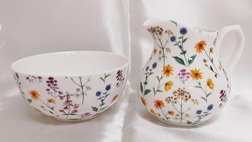 Meadow Blossom Cream/Milk Jug and Sugar Bowl Set - Fine Bone China with Vibrant Floral Design, Handcrafted in the UK - Image 3