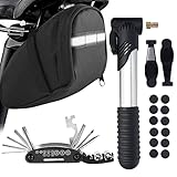 MASPODER Satteltaschen für Fahrrad, Werkzeug und Reparaturset, Fahrradpumpe Mini mit Fahrradtasche Flickzeug Set Luftpumpe Zubehör für Mountainbike MTB Rennrad (Basic Plus 01)