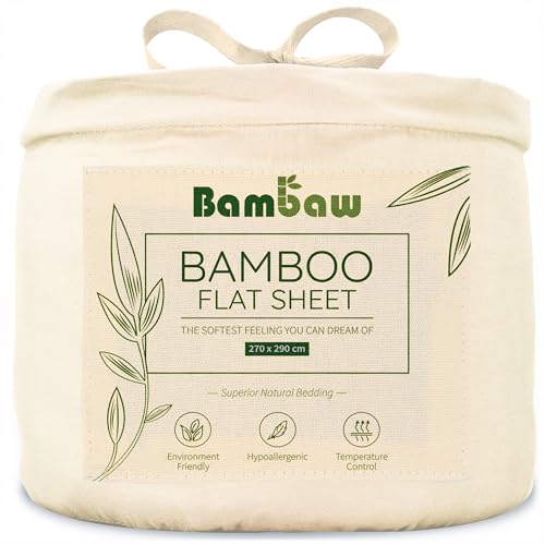 Bambaw Bamboo King Size Flat Sheet, 270x290 cm, Keep Cool at Night Anti Dust Mites Kingsize Bedding