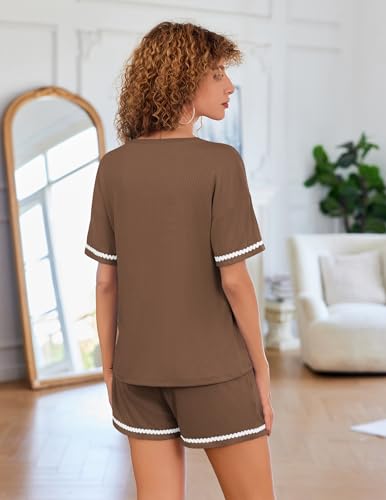 Image of Ekouaer Pajama for Women Sets 2 Piece Ribbed Knit Lounge Sets Pjs Shorts Summer Short Sleeve Sleepwear with Pockets