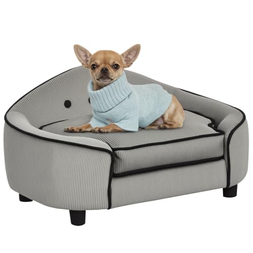 PawHut Haustiersofa, Hundebett, Hundematte, Hundesofa, Naturholz+Plüsch, Grau, 66,5 x 45 x 35,5 cm