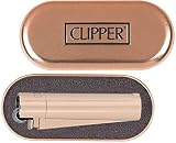 1 Estuche Metálico gratis Clipper 1 Encendedor Mechero Clásico Largo Metal Rose gold brillo mate + 1 Llavero+1gas+1 Pack de 3Piedra de Ignición Flint