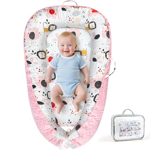 Image of KISS GOLD Baby Lounger - Breathable Soft Cotton Cover Lounger Nest, Babies Essentials Gifts, Portable Infant Lounger for Baby Tummy Time Floor Playing Seated Support for Home and Travel