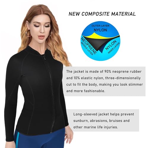 REALON Jaqueta feminina masculina 2 mm neoprene manga longa colete com zíper frontal 3 mm terno molh
