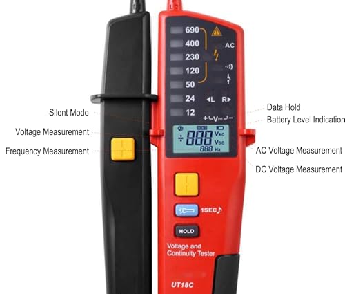 Image of UT18C Voltage Tester, Professional Continuity Tester, IP65 Waterproof Phase Rotation Meter, Multifunctional Electrical Circuit Voltage Meter Tester, LCD Display, Automatic Range, AC /DC 12V-690V