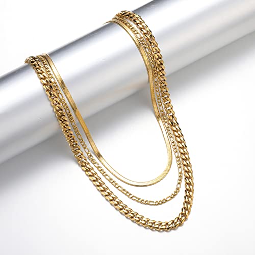 3Pcs Womens Layered Necklaces Stainless Steel Link Necklaces Set 14K Gold Plated Snake Curb Link Figaro Chain Choker For Women Girls(B-Gold) #TOP2