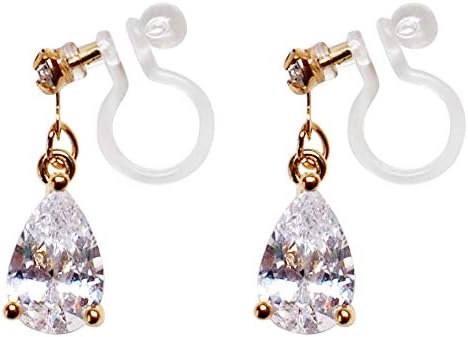 Comfortable Clear Cubic Zirconia Invisible Dangle Clip On Earrings For Women, Drop CZ Crystal Non Pierced Clip Earrings Gold tone Miyabi Grace