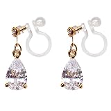 Comfortable Clear Cubic Zirconia Invisible Dangle Clip On Earrings For Women, Drop CZ Crystal Non Pi