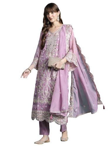 Image of INDO ERA Women's Straight Organza Ethnic Motifs Embroidered Kurta and Pant with Dupatta Set (KH9PH10614)