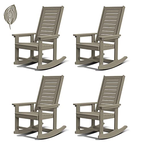 GREENVINES Outdoor Rocking Chairs | Set of 4 | Porch Rocker | HDPE Plastic | Wood Grain | Oversized Rockers | High Back | Big & Tall | Ladder Back | D