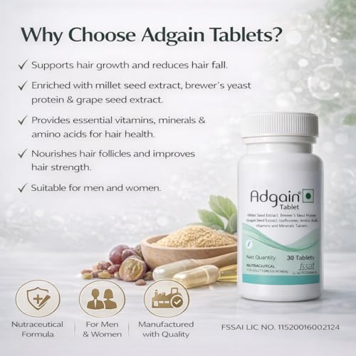 Image of Adgain Tablet for Hair Growth & Hair Fall Control | Biotin, Amino Acids, Grape Seed Extract & Multivitamins | Nutraceutical Supplement for Men & Women | 30 Tablets