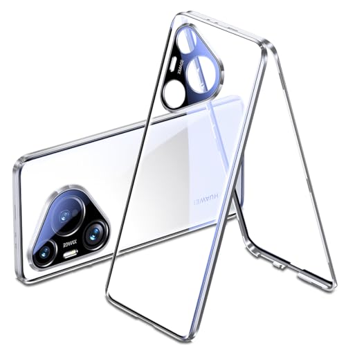 QUIETIP Case Compatible with Huawei Pura 70,Magnetic Body Metal Frame Double Sided Clear Tempered Glass Cover,Silver