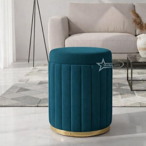 Image of Round Strip Stool with Cushion Foot Rest Office Stool Pouf Ottoman Padded Seat in Living Room - Aqua