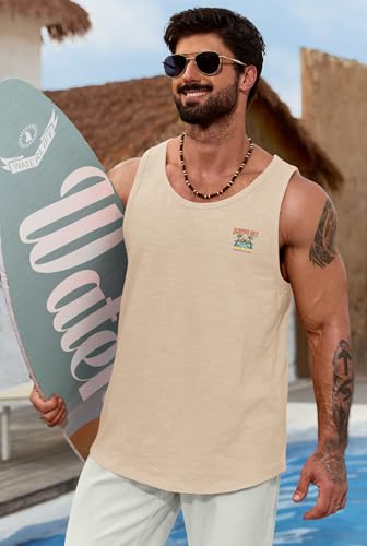 Image of VOGSTART Men Graphic Muscle Tank Top Beach 100 Cotton T-Shirt Beige Palm L | Design, Print, Casual, Summer, Vacation, Holiday, Surf, Hawaiian, Workout, Vintage, Tropical