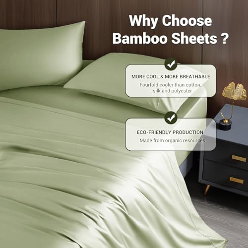 Image of Shilucheng 4 Piece Queen Sheet Sets, Cooling Sheets, Blend Rayon Derived from Bamboo, Deep Pocket Up to 16 inch, Breathable & Soft Bed Sheets, Hotel Silky Bedding Set, Sage Green