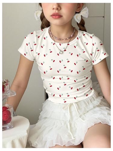 SweatyRocks Girl's Cherry Print Ruched T Shirt Short Sleeve Cute Tee Crop Tops3