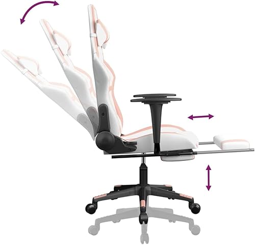Miniatura 7 de vidaXL Silla de juegos de piel sintética blanca y rosa con reposapiés, asiento y respaldo ajustables, relleno de espuma, ligero