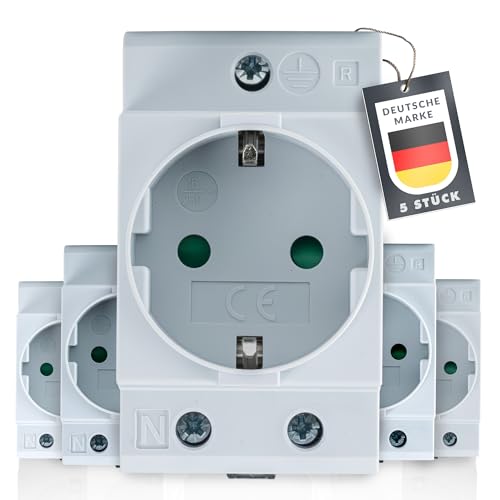 5x Schuko-Steckdose für Hutschiene, Einbau-Steckdose mit Metallclip, Schutzkontakt, Kindersicherung und 2.5 TE Breite, Ideal für Verteilerschränke und Schaltschränke