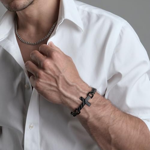 Saintda Cross Bracelet for Men, Bible Verse Jesus Patriotic Engraved American Flag Bracelets Black Stainless Steel Cuban Chain Adjustable Christian Baptism Religious Jewelry Gift for Him2