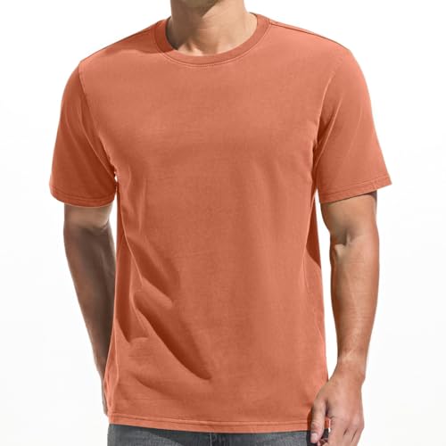 Herren Dick T-Shirt 100% Baumwolle Heavyweight 250g/m Stone Washed Ultra Weich Regular Fit Bequem Vintage Look Kurzarm Basic (Orange S)