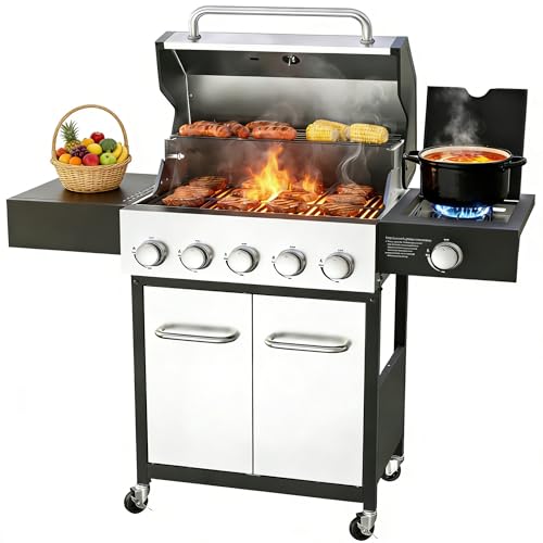 Image of Veralune 5 Burner Propane Gas Grill, 5 Burner BBQ Grill with Side Burner, 5 Burner Outdoor Cooking Grill, 68,000 BTU Heavy-Duty, Stainless Steel, Electronic Ignition System, Built-in Thermometer