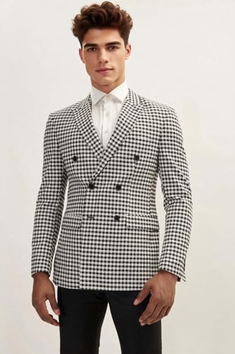 VENNYNG Double Breasted Houndstooth Blazer for Men Tweed Plaid Suit Jacket Formal Dress Coat2