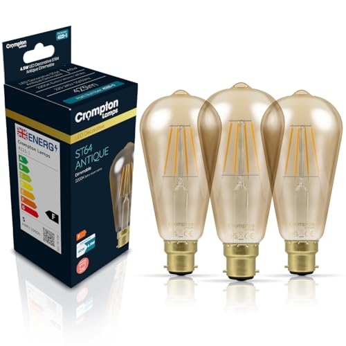 Image of Crompton Lamps Filament ST64 LED Light Bulb BC-B22d | 4.5W = 35W Equivalent | Extra Warm White 2200K | Energy Efficient | Bayonet Lightbulb | Antique Bronze Glass | Dimmable | 3-Pack