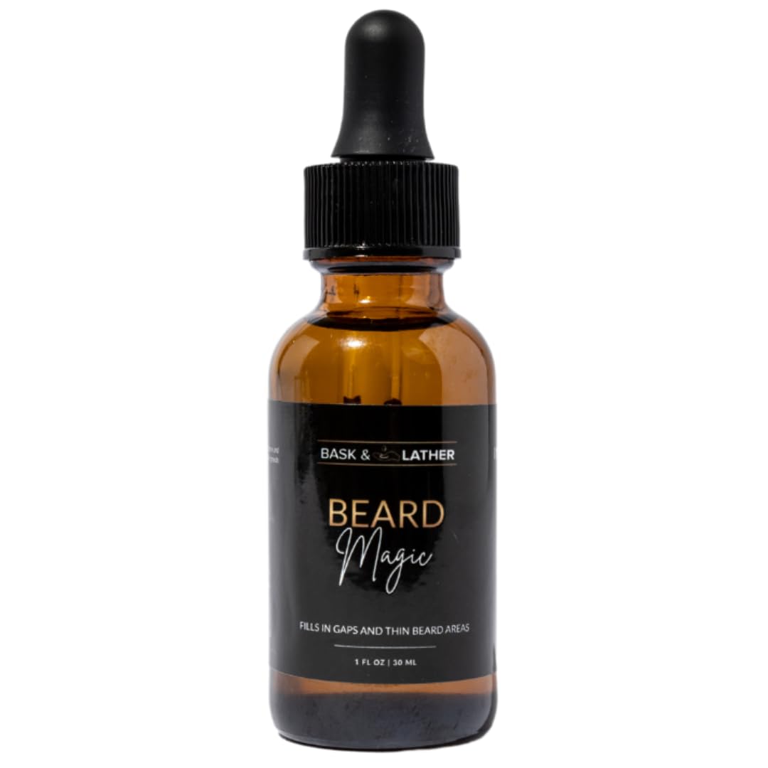 Bask & Lather Beard Magic Growth Oil for Men, Helps Stimulate Hair Growth and Softness, Natural Oil For Bald Spots and Patchy or Thin Facial Hair, Supports a Thicker Fuller Beard, 1 fl oz