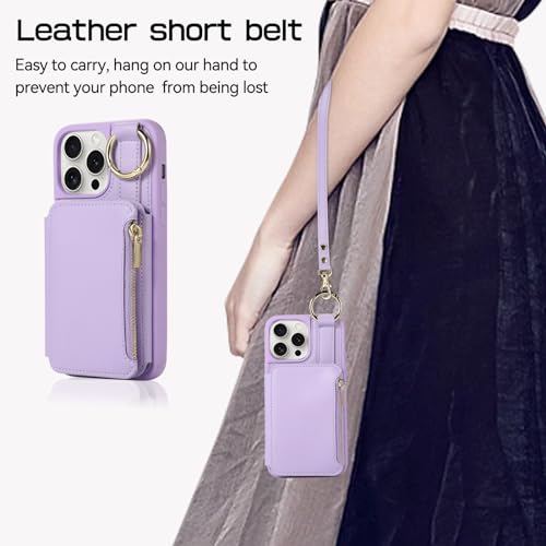 Furiet Wallet Case for iPhone 16 Pro Max 6.9 inch with Wrist/Shoulder Strap Card Holder Ring Zipper Pocket, 6+ Card Slots RFID Blocking Phone Cover for i Phone16 16Pro i16 ProMax 16ProMax Purple by Furiet - Image 7
