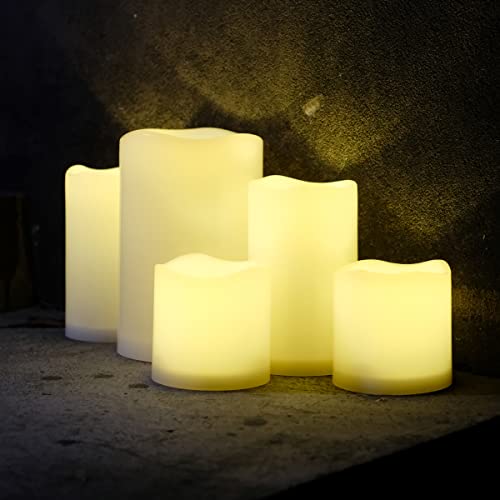 Image of NONNO&ZGF 5 Pack Outdoor Waterproof Flameless Candles, Remote Battery Operated LED Resin Rainproof Pillar Candles (1pcs 4 inch x 6 inch, 2pcs 3 inch x 5 inch, 2pcs 3 inch x 3 inch)