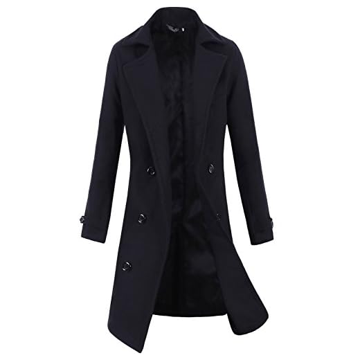 Lende Men's Trench Coat Winter Long Jacket Double Breasted Overcoat,Black Large