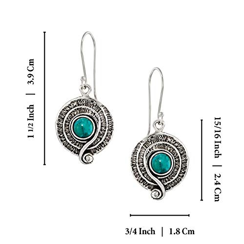Women's 925 Sterling Silver Compressed Turquoise Dangle Earrings With Decorative Spiral Or Swirl Design #TOP2