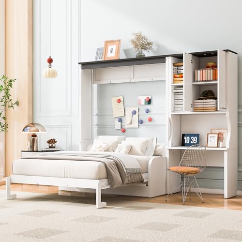 QVUUOU Murphy Bed with Sofa, 3-in-1 Space Saving Wall Bed with Built-in Fold-Out Desk, Storage Cabinet, and Comfortable Cushions (Full Size)