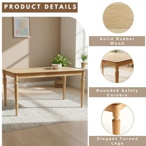 Image of Farmhouse Dining Table for 4-6, 59 inch Solid Wood Kitchen Table with Turned Legs, Rectangular Rustic Wooden Dining Table for Dining Room, Kitchen or Home Office, Natural Finish
