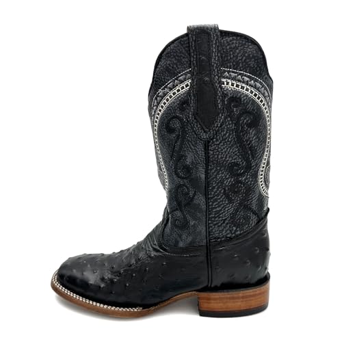 Mens Leather Ostrich Quill Print Square Toe Western Cowboy Boot2