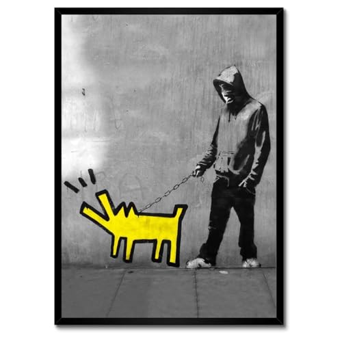 Chien jaune de Banksy dans un cadre blanc pour illuminer votre salon contemporain