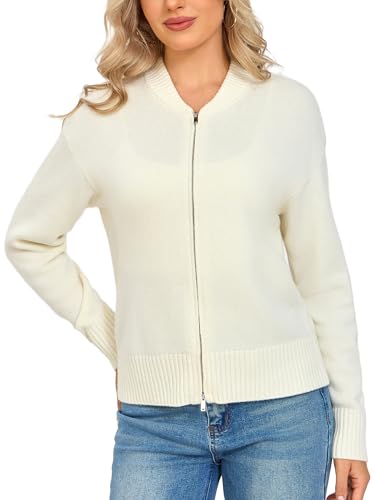 Image of VETLURY 100% Merino Wool Women's Zip Up Cardigans UK，Chunky Sweaters Cozy Knitted Jackets with Baseball Collar Ladies Warm Casual Tops for Spring Fall Winter Cream White