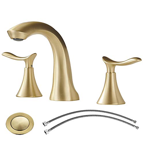 Comllen 2 Handle 3 Hole Widespread Brushed Gold Bathroom Faucet, 8 Inch Brass Bathroom Faucets Commercial Lavatory Bathroom Sink Faucet with Pop Up Drain and Supply Lines