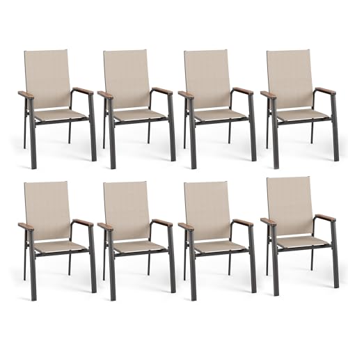 Image of PHI VILLA Outdoor Stackable Dining Chairs Set of 8 w /Aluminum Frame, Beige | Breathable & quick-drying Textilene, Space-saving, Light-weight, Weather-resistant, Patio lawn deck