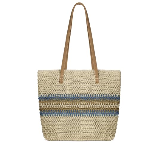 Image of Woodland Leathers Women's Straw Shoulder Bag, Medium & Large Summer Beach Tote with Zipper, Durable Leather Handles, Women Holiday Shoulder Bag with Versatile Styles and Colours (Blue Strip)