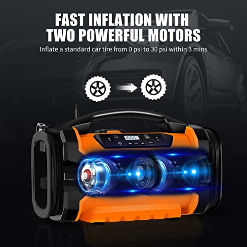 Worksite Tire Inflator Air Compressor, 160 Psi Car Tire Pump With 3 Power Supply (110V Ac, 12V Dc & 20V Battery), Inflation & Deflation Modes, Dual Powerful Motors, Digital Pressure Gauge, Orange #TOP4