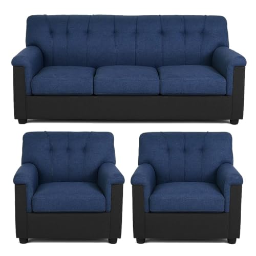 Image of Furny Woodsavo 5 Seater Sofa Set with Velvet Fabric, 3+1+1+2 Puffy Sofa Set for Living Room (Blue-Black Color) | Soft Velvet Fabric | Modern Design | Comfortable Seating | Living Room Furniture