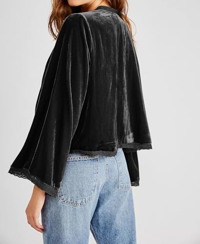 R.Vivimos Women's Fall Velvet Casual Jackets Bell Long Sleeve Tie Front Lace Trim Loose Vintage Kimono Cardigan Short Coat3