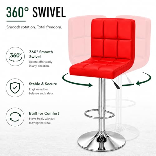 Image of Kemon KaiMeng Modern Adjustable Swivel Bar Stool Chair with Backrest, PU Leather Hydraulic Counter Stool with Footrest for Kitchen Island, Cafe & Home Bar, Red, Square Tufted Back Stool