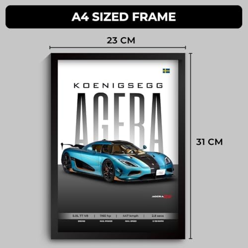 Image of Koenigsegg Agera RSR Poster | Framed Koenigsegg A4 Sized (31 x 23 cm) | Car Poster for Wall, Gift for Boys, Hypercar Frames | Jesko Car Posters for Wall, Bedroom, Hostel, Study Area, Hostel (F 162)