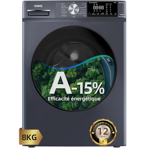 CHiQ Lave-linge CFL80-14586IM3XA,8 kg,Class A-15%,Space Pro,Moteur Inverter stable, 1400 tr/min, Programme intelligent à IA, Fonction vapeur, Lavage rapide 15...